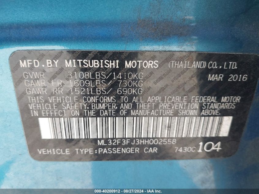 2017 Mitsubishi Mirage G4 Es VIN: ML32F3FJ3HH002558 Lot: 40200912