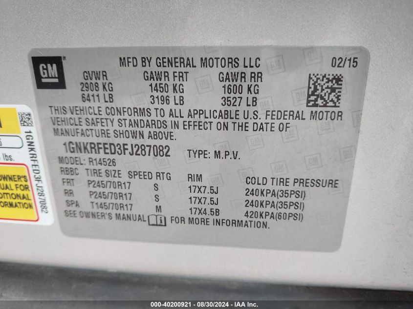 2015 CHEVROLET TRAVERSE VIN: 1GNKRFED3FJ287082