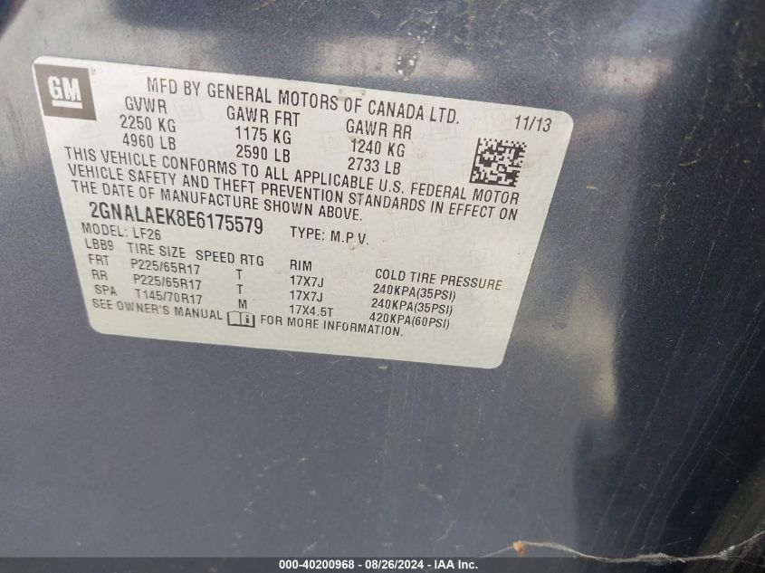 2014 Chevrolet Equinox Ls VIN: 2GNALAEK8E6175579 Lot: 40200968