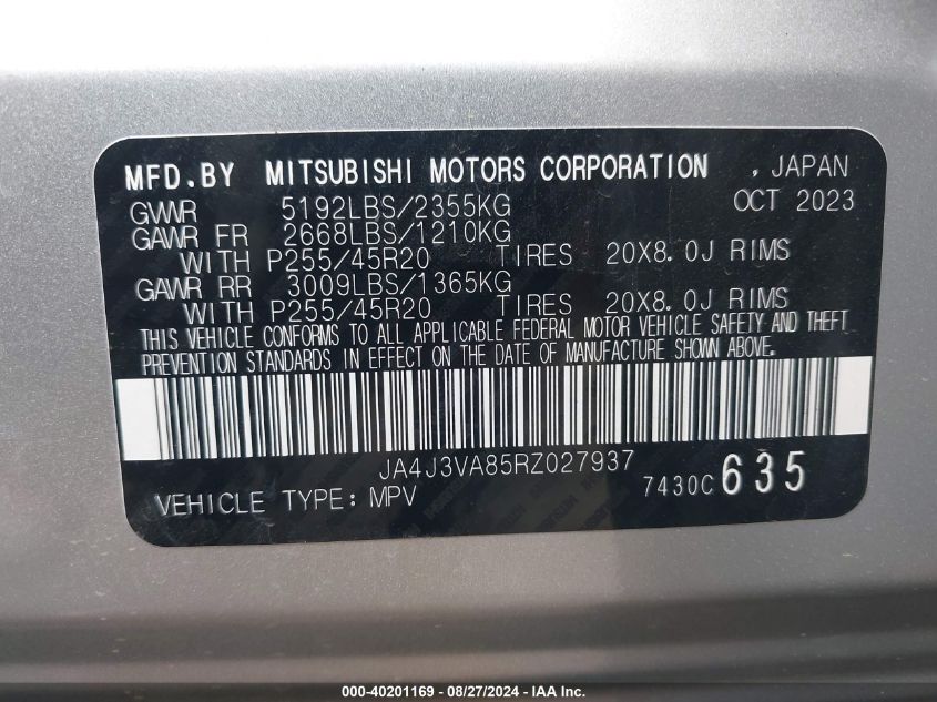 2024 Mitsubishi Outlander Se 2.5 2Wd VIN: JA4J3VA85RZ027937 Lot: 40201169