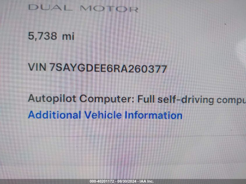 2024 Tesla Model Y Long Range Dual Motor All-Wheel Drive VIN: 7SAYGDEE6RA260377 Lot: 40201172