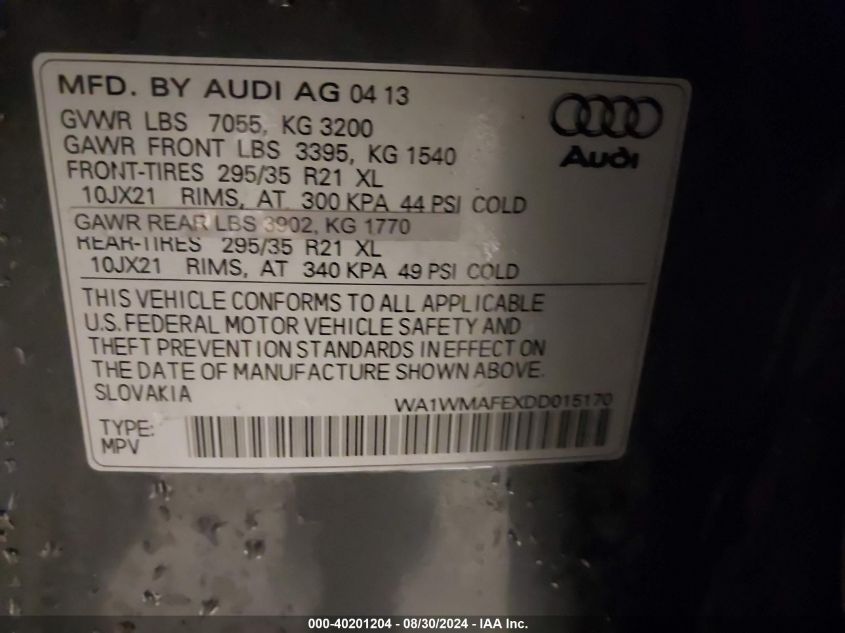 2013 Audi Q7 3.0 Tdi Premium VIN: WA1WMAFEXDD015170 Lot: 40201204