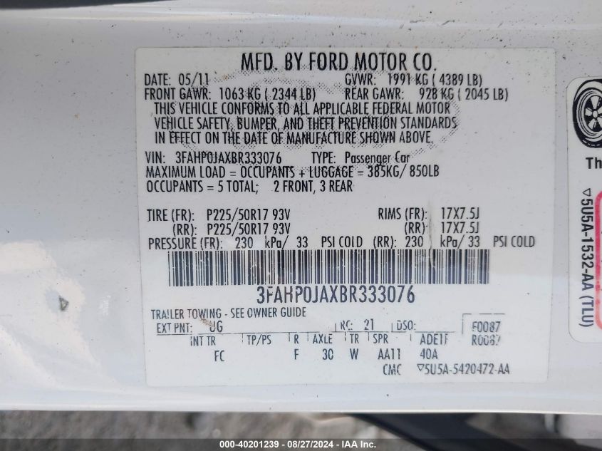 2011 Ford Fusion Sel VIN: 3FAHP0JA0BR295552 Lot: 40201239