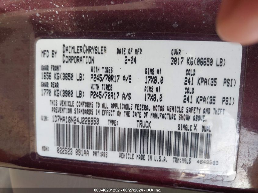 2004 Dodge Ram 1500 St/Slt VIN: 1D7HA18N24J228853 Lot: 40201252