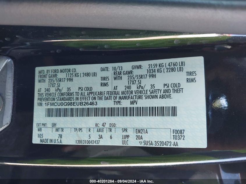 2014 Ford Escape Se VIN: 1FMCU0G98EUB26463 Lot: 40201284