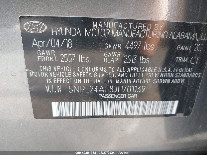 2018 Hyundai Sonata Se VIN: 5NPE24AF8JH701139 Lot: 40201358