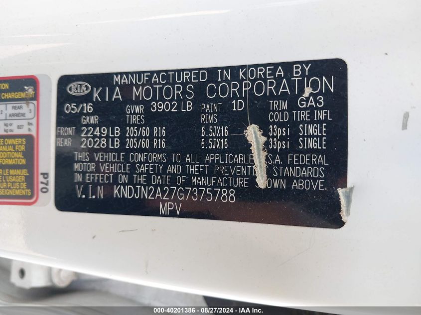 2016 Kia Soul VIN: KNDJN2A27G7375788 Lot: 40201386