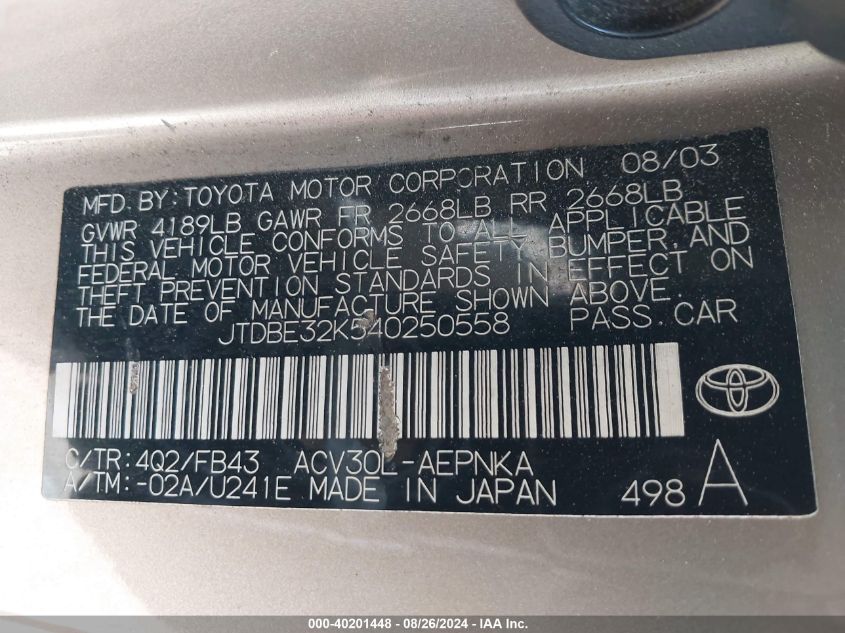 2004 Toyota Camry Le VIN: JTDBE32K540250558 Lot: 40201448
