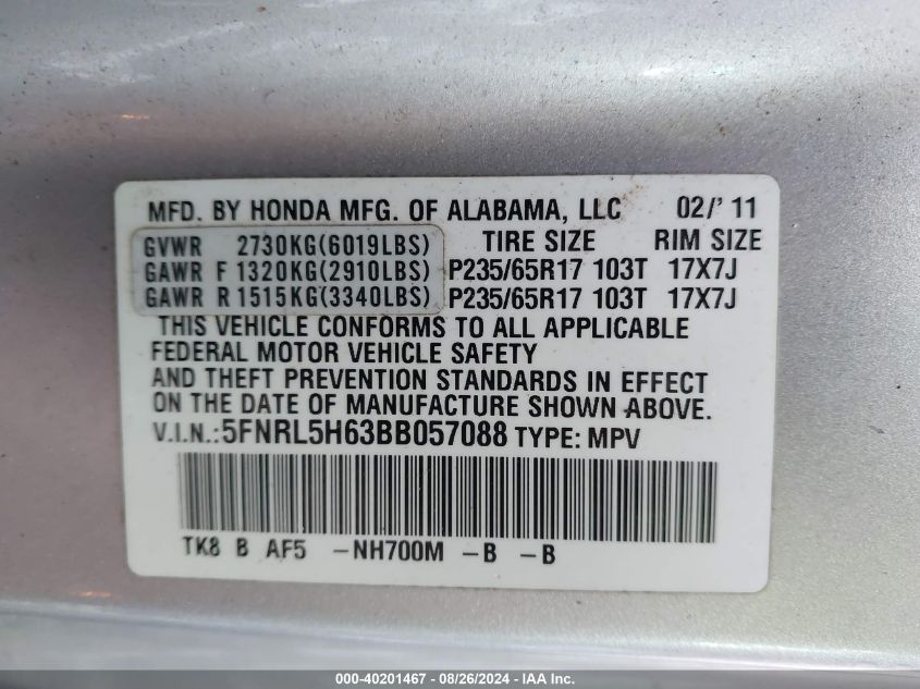 2011 Honda Odyssey Ex-L VIN: 5FNRL5H63BB057088 Lot: 40201467