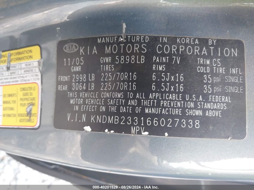 2006 Kia Sedona Ex/Lx VIN: KNDMB233166027338 Lot: 40201529