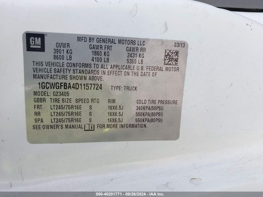 2013 Chevrolet Express 2500 Work Van VIN: 1GCWGFBA4D1157724 Lot: 40201771