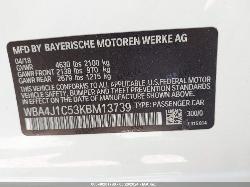 WBA4J1C53KBM13739 2019 BMW 430I Gran Coupe