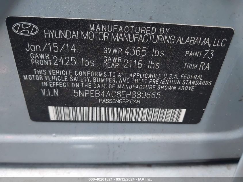 5NPEB4AC8EH880665 2014 Hyundai Sonata Gls