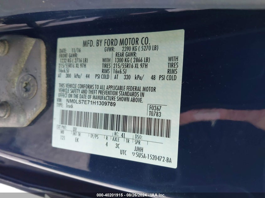 VIN NM0LS7E71H1309789 2017 FORD TRANSIT CONNECT XL