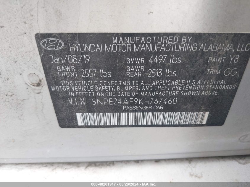 2019 Hyundai Sonata Se VIN: 5NPE24AF9KH767460 Lot: 40201917