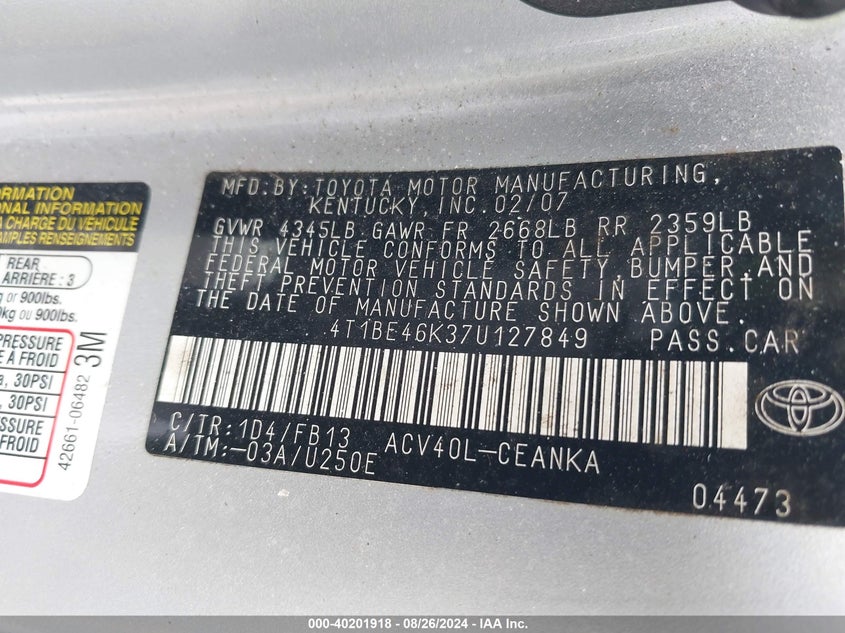 2007 Toyota Camry Le VIN: 4T1BE46K37U127849 Lot: 40201918