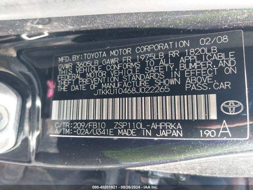 2008 Scion Xd VIN: JTKKU10468J022265 Lot: 40201921