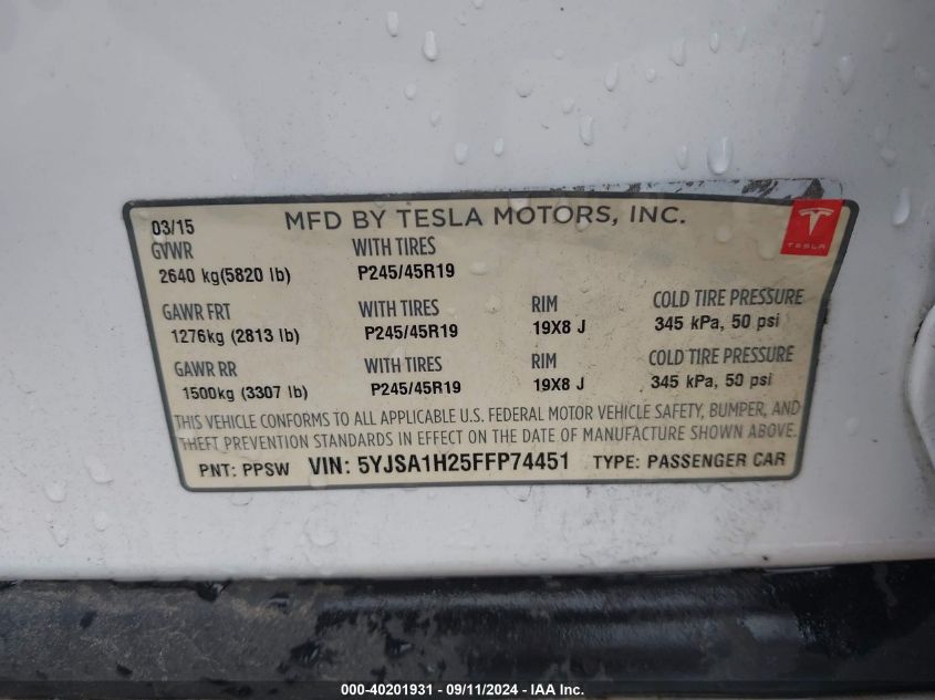 2015 Tesla Model S 85D VIN: 5YJSA1H25FFP74451 Lot: 40201931