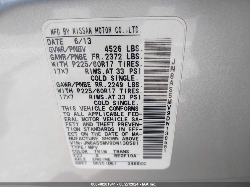 2013 Nissan Rogue Sv VIN: JN8AS5MV9DW138581 Lot: 40201941