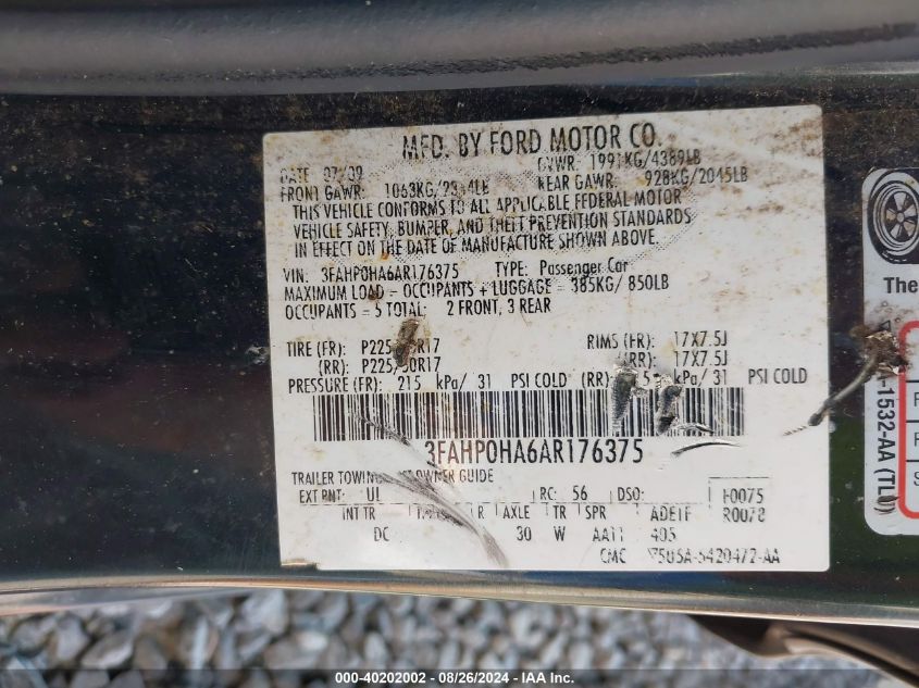 2010 Ford Fusion Se VIN: 3FAHP0HA6AR176375 Lot: 40202002