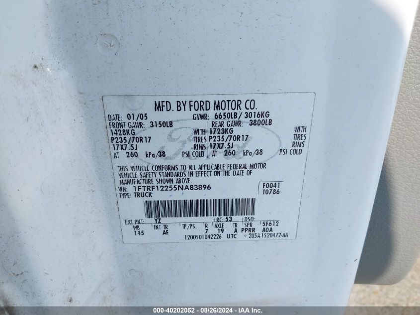 2005 Ford F-150 Stx/Xl/Xlt VIN: 1FTRF12255NA83896 Lot: 40202052
