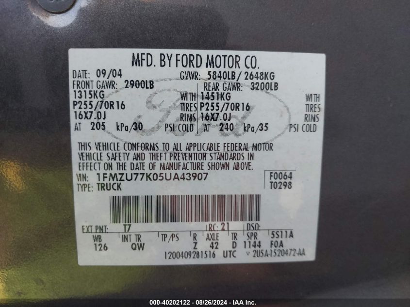 2005 Ford Explorer Sport Trac Adrenalin/Xls/Xlt VIN: 1FMZU77K05UA43907 Lot: 40202122