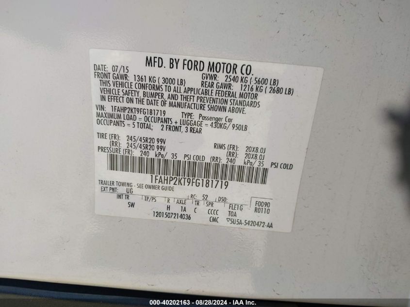 1FAHP2KT9FG181719 2015 Ford Taurus Sho