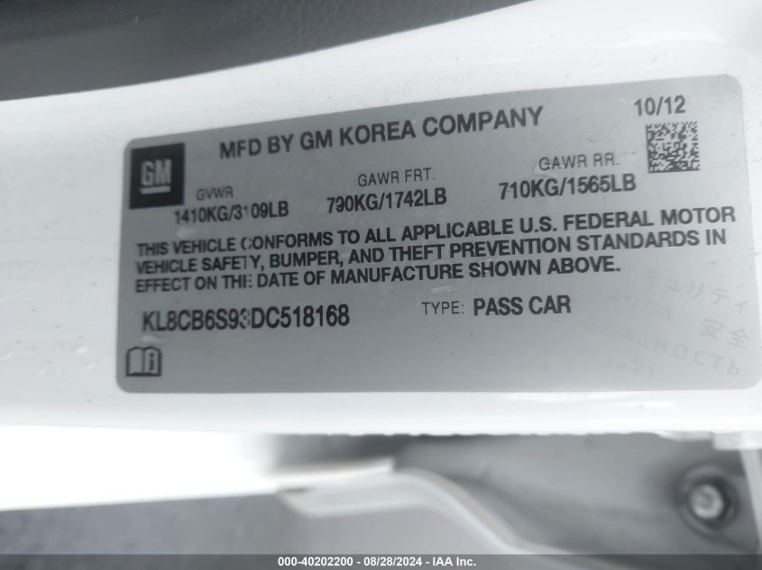 2013 Chevrolet Spark Ls Auto VIN: KL8CB6S93DC518168 Lot: 40202200