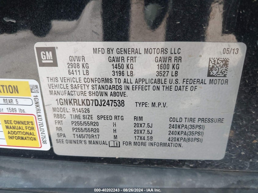 2013 Chevrolet Traverse Ltz VIN: 1GNKRLKD7DJ247538 Lot: 40202243