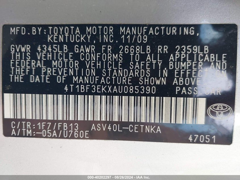 2010 Toyota Camry Le VIN: 4T1BF3EKXAU085390 Lot: 40202297