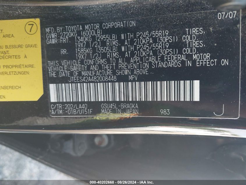 2008 Toyota Highlander Limited VIN: JTEES42A482008448 Lot: 40202668