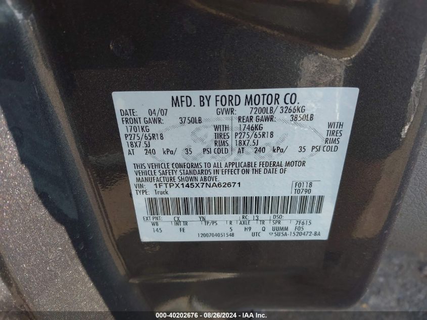 2007 Ford F-150 Fx4/Lariat/Xl/Xlt VIN: 1FTPX145X7NA62671 Lot: 40202676