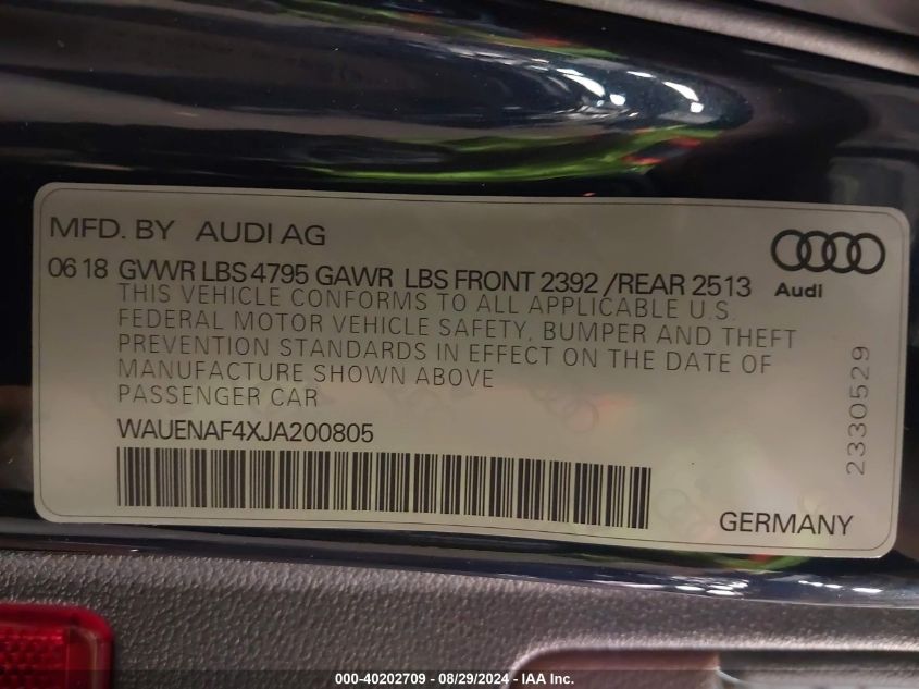 2018 Audi A4 2.0T Premium/2.0T Tech Premium VIN: WAUENAF4XJA200805 Lot: 40202709