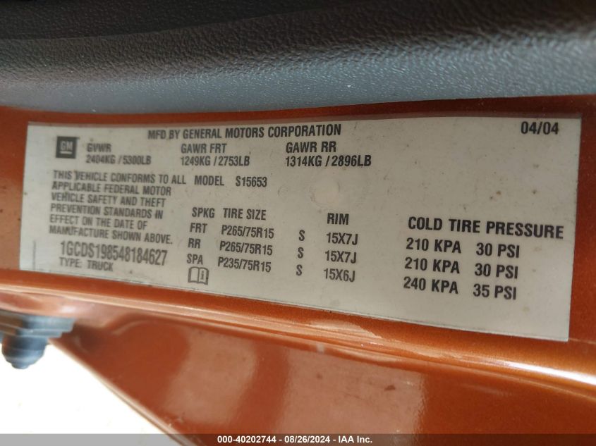 2004 Chevrolet Colorado Ls VIN: 1GCDS198548184627 Lot: 40202744