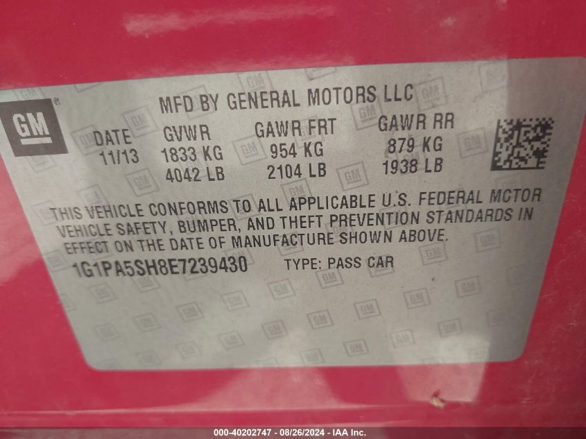 2014 Chevrolet Cruze Ls Auto VIN: 1G1PA5SH8E7239430 Lot: 40202747