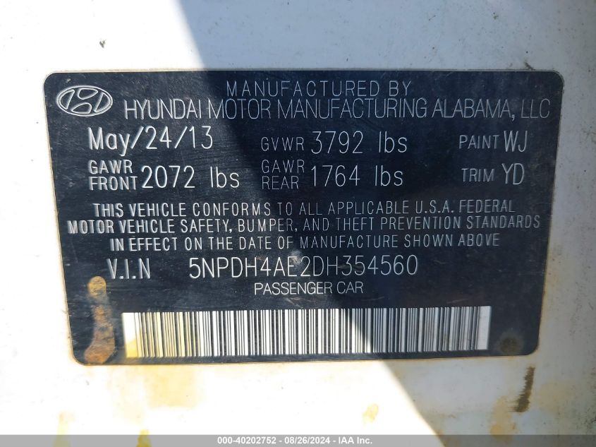 5NPDH4AE2DH354560 2013 Hyundai Elantra Gls
