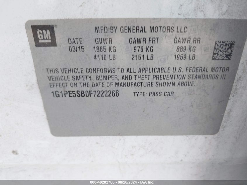 2015 Chevrolet Cruze 2Lt Auto VIN: 1G1PE5SB0F7222266 Lot: 40202786