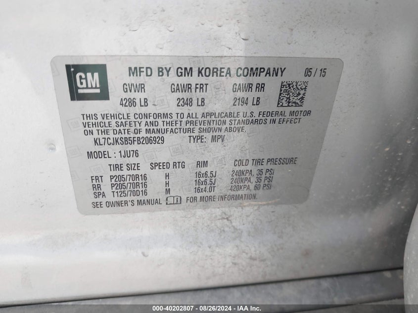 2015 CHEVROLET TRAX 1LS - KL7CJKSB5FB206929