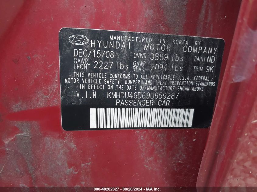 2009 Hyundai Elantra Gls VIN: KMHDU46D69U659287 Lot: 40202827