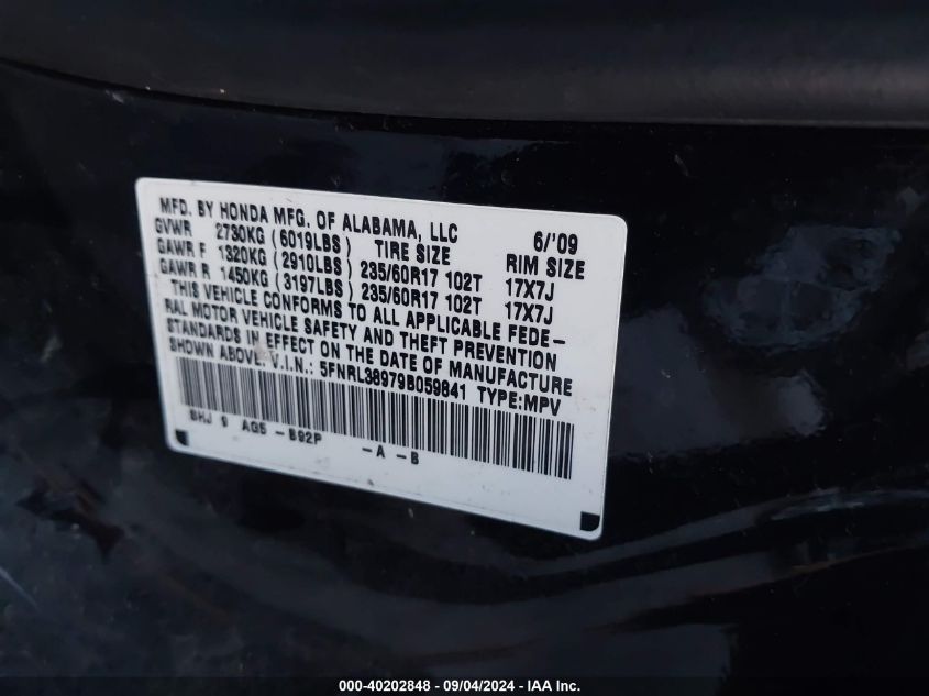 5FNRL38979B059841 2009 Honda Odyssey Touring