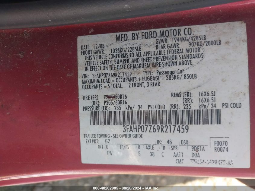 2009 Ford Fusion Se VIN: 3FAHP07Z69R217459 Lot: 40202905