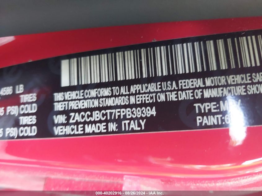 2015 Jeep Renegade Trailhawk VIN: ZACCJBCT7FPB39394 Lot: 40202916