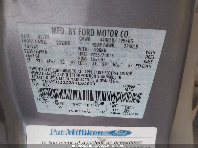 2008 Ford Escape Xlt VIN: 1FMCU03Z28KE65600 Lot: 40202945