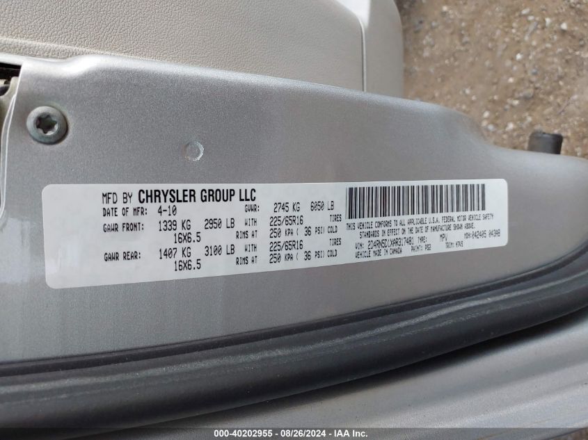 2010 Dodge Grand Caravan Sxt VIN: 2D4RN5D1XAR317481 Lot: 40202955