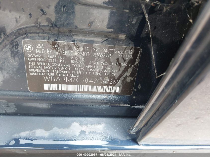 2010 BMW 335I VIN: WBAPM7C58AA367269 Lot: 40202957