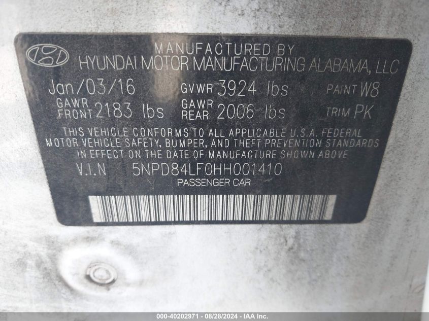 2017 Hyundai Elantra Se VIN: 5NPD84LF0HH001410 Lot: 40202971