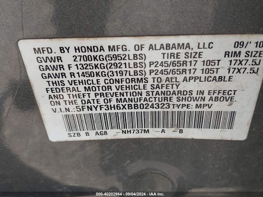 2011 Honda Pilot Ex-L VIN: 5FNYF3H6XBB024323 Lot: 40202984