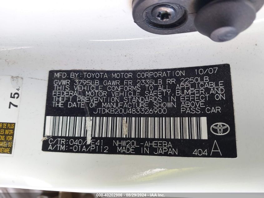 2008 Toyota Prius Standard VIN: JTDKB20U483326900 Lot: 40202986