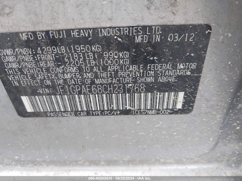 2012 Subaru Impreza 2.0I Premium VIN: JF1GPAE68CH231768 Lot: 40203035