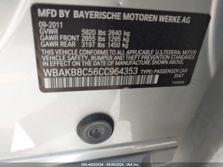 2012 BMW 750Li VIN: WBAKB8C56CC964353 Lot: 40203036